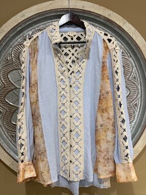 New- POL Light Blue Shirt with Beige Crochet & Tan Floral Panels antiqued Button